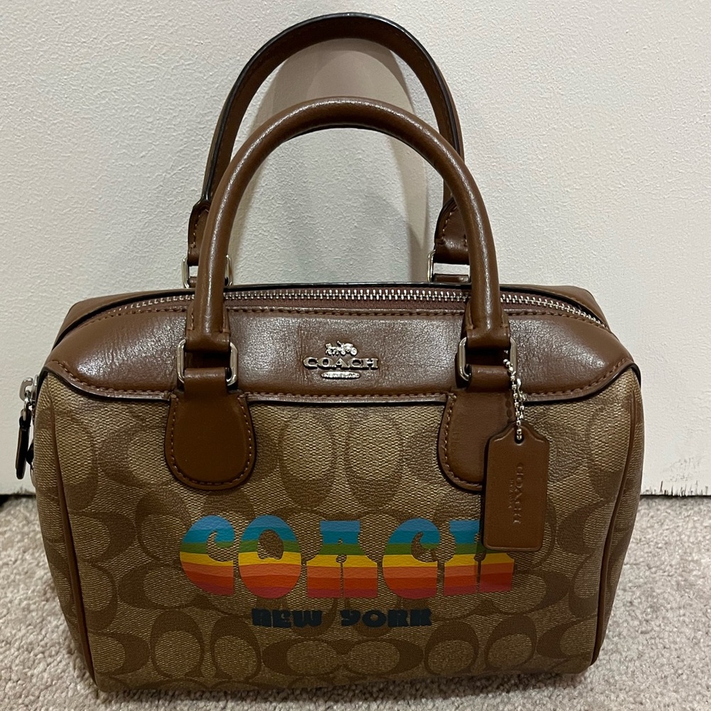 COACH Brown Signature Canvas Rainbow Logo Satchel